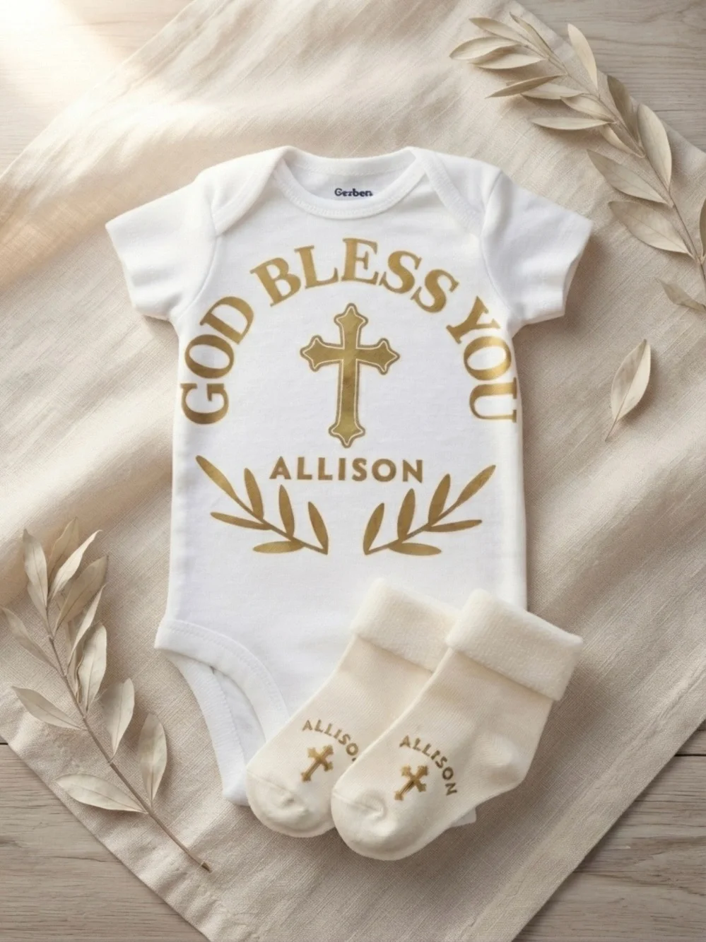God Bless You Personalized Baby Onesie with Socks - White & Gold
